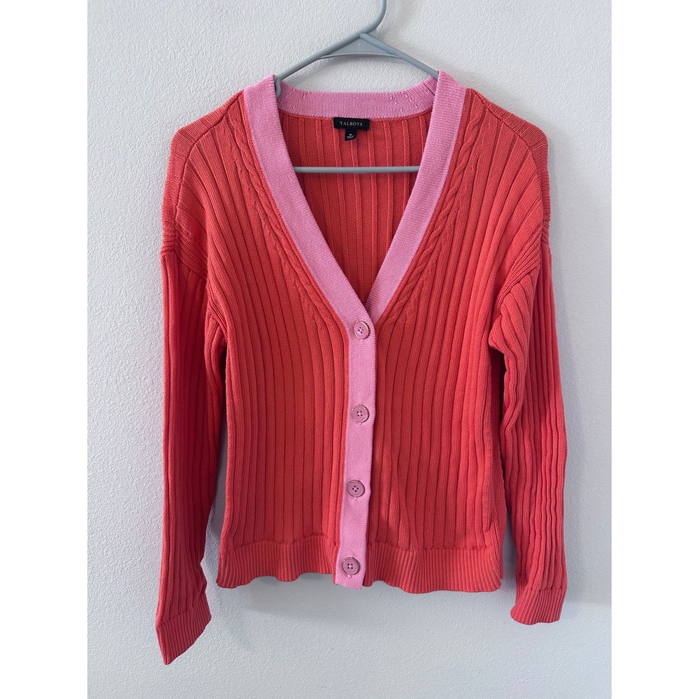 Talbots Cardigan Sweater Size M Coral Pink Excellent Ribbed Knit V-Neck Cotton